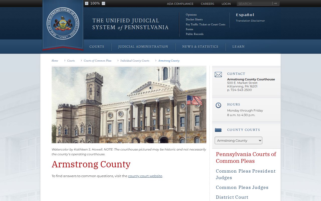 Official Pennsylvania courts page for Armstrong County