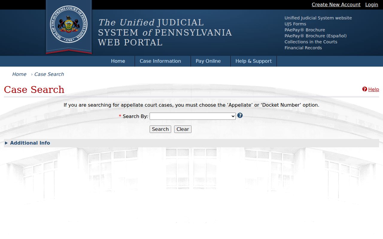 UJS Pennsylvania court case search fields