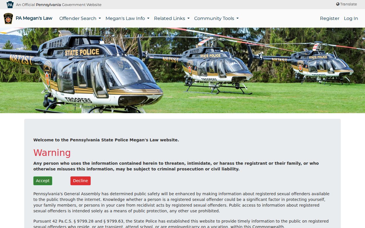 Pennsylvania State Police Megan's Law registry home and profile access